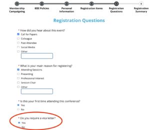 Screenshot from registration process shows where to request a visa letter
